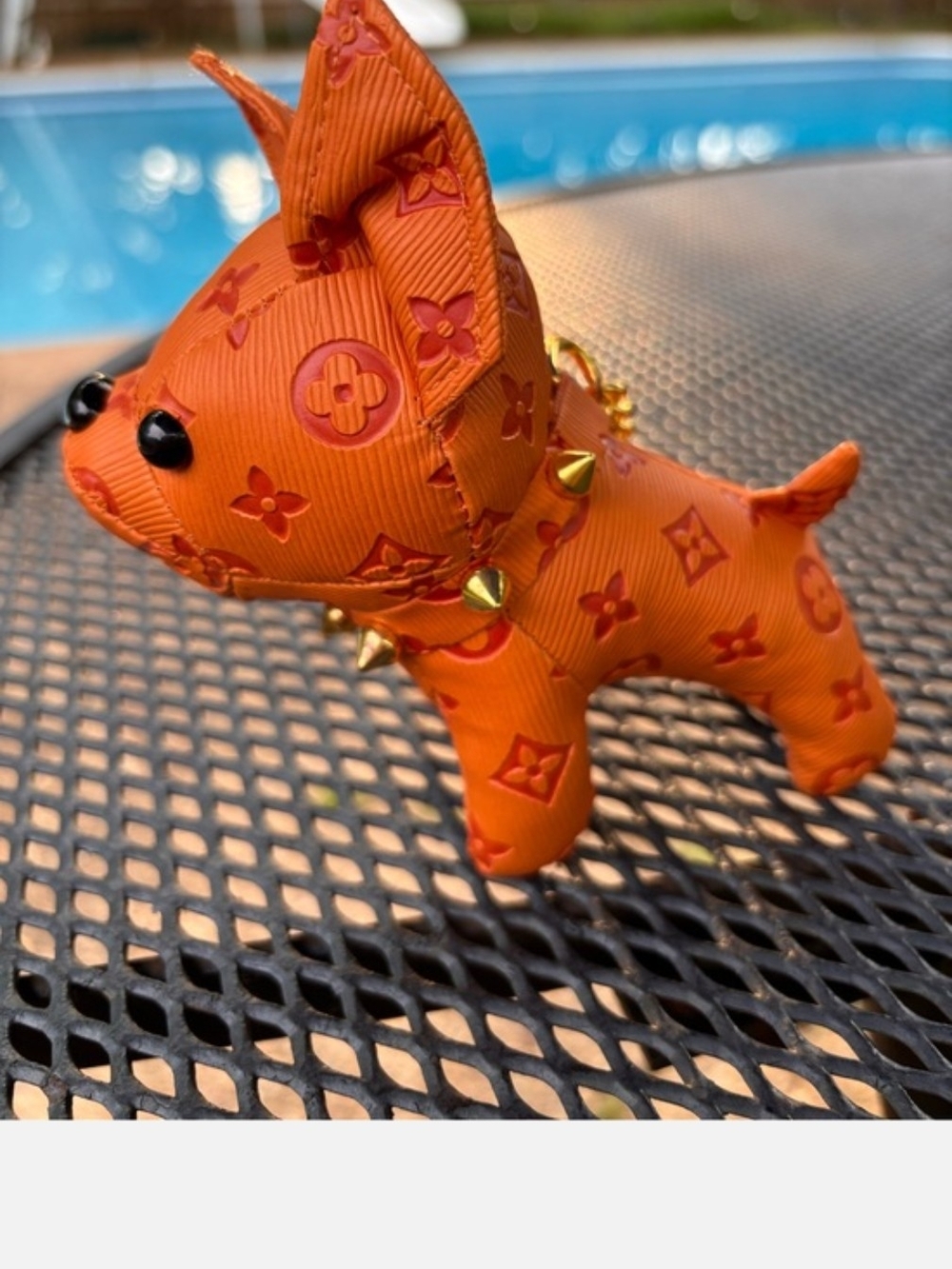 Orange Epi Leather Frenchie Dog Charm with Gold Studded Chain Adorable - Picture 6 of 8